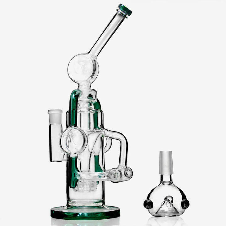 Close up details of 13 inch Double Recycler Glass Bong