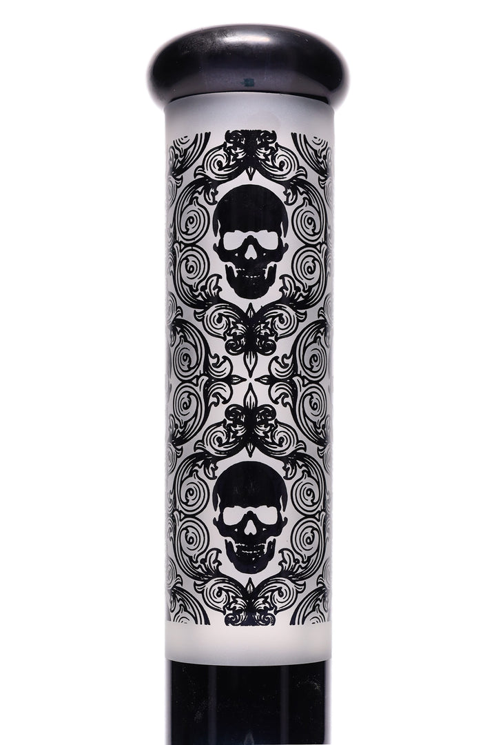 Close-up of 14 inch 7mm thick glass skull bong tube