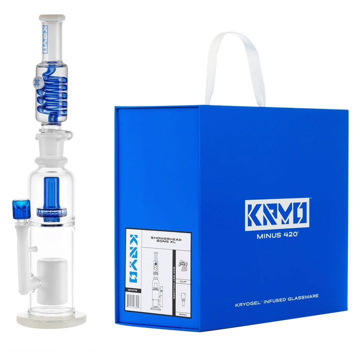 Packaging box of 19 inch glycerin water bong with XL showerhead percolator, includes 14mm male joint flower bowl