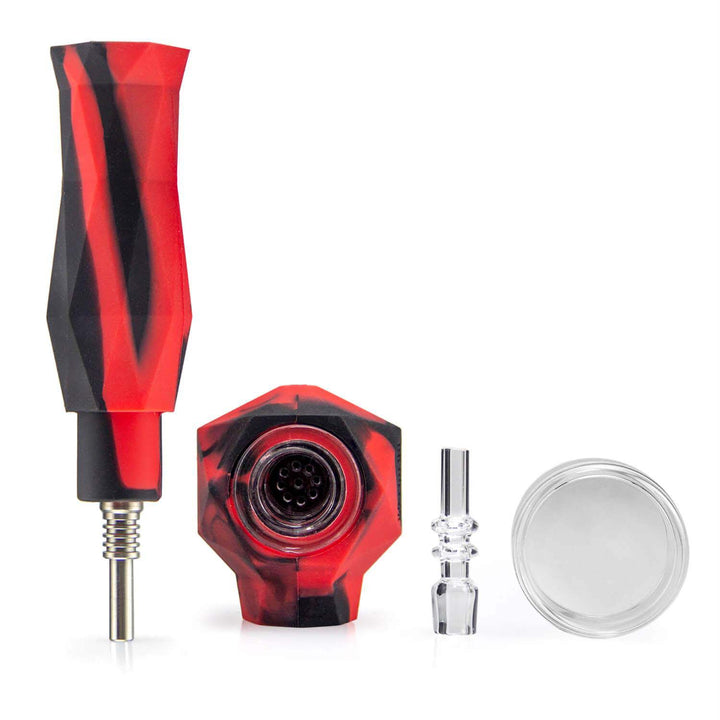 2-in-1 Silicone Honey Straw Pipe showing all 4 pieces – silicone body, dab dish, tip, glass bowl