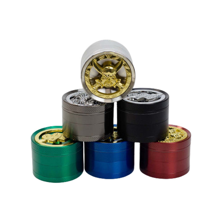 Full color collection of 2.15 inch steel herb grinders in silver, red, blue, gunmetal, green, and black