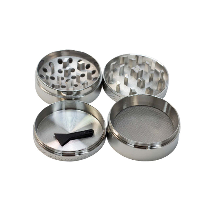 2.15 inch steel herb grinder with four-piece layered design showing lid, grinding chamber, screen, and kief catcher