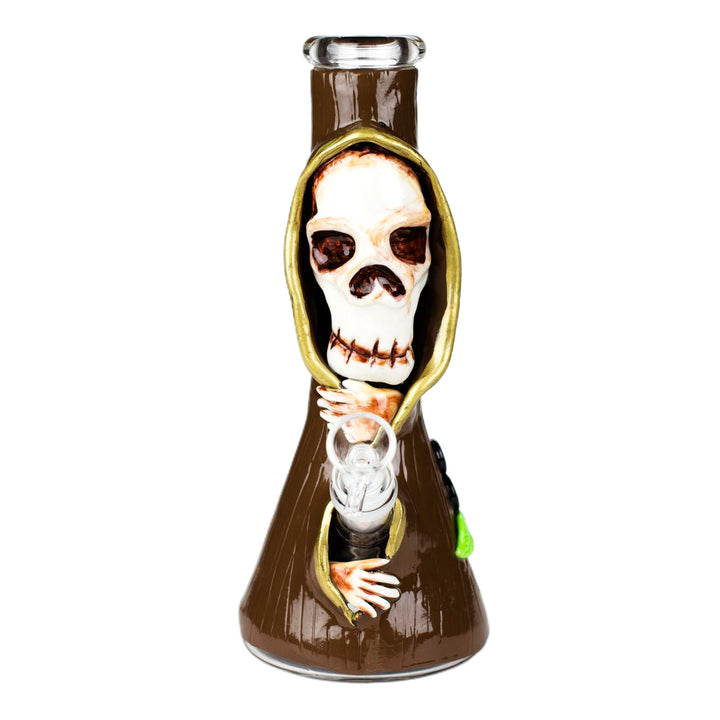 Front view of 3D Resin Skull Glass Beaker 10" showing detailed 3D skull, hooded robe