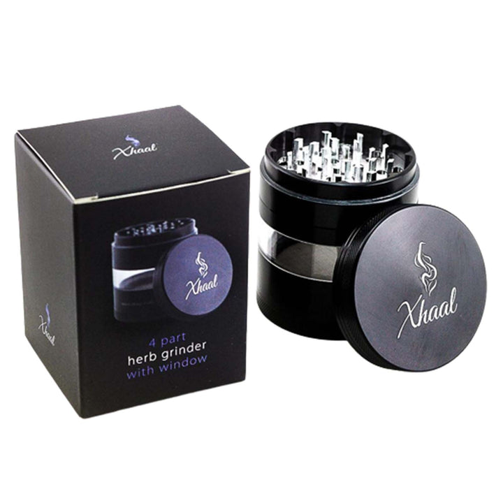Packaging of the 4-Part Grinder with Clear Window, including bag and pollen scraper