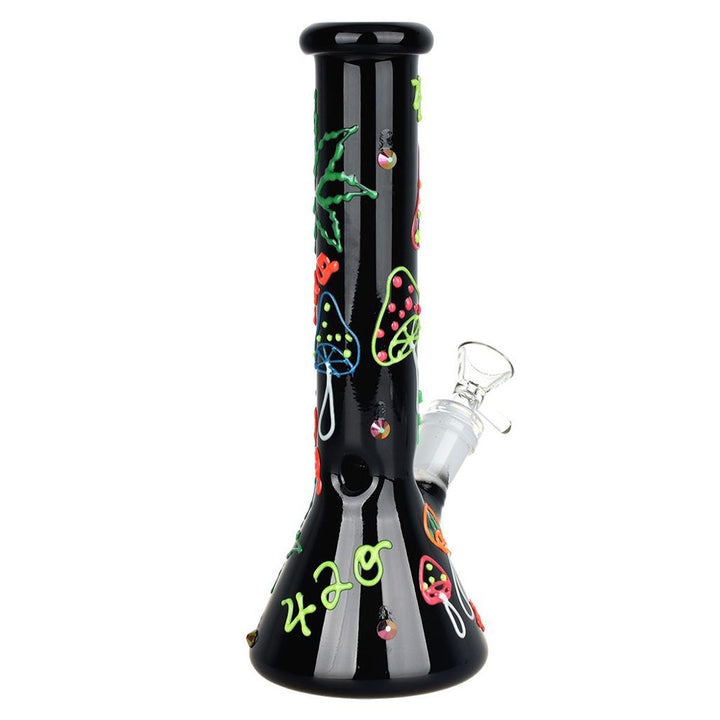 Side view of 420 Leaf & Shroom Glow-in-the-Dark Beaker Bong
