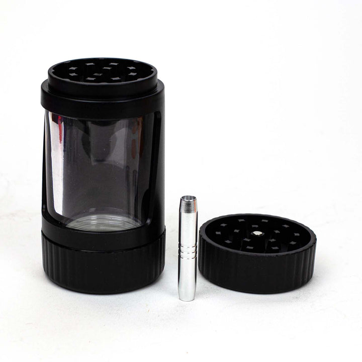 Close-up details of 4-in-1 LED Magnify Jar with Grinder and One Hitter showing grinder textures
