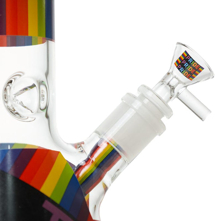 Detail of slitted downstem and thick 14mm bowl on 14 inch Thick Glass Beaker Bong