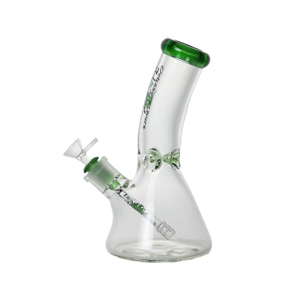 Clear glass water pipe with green accents on a white background
