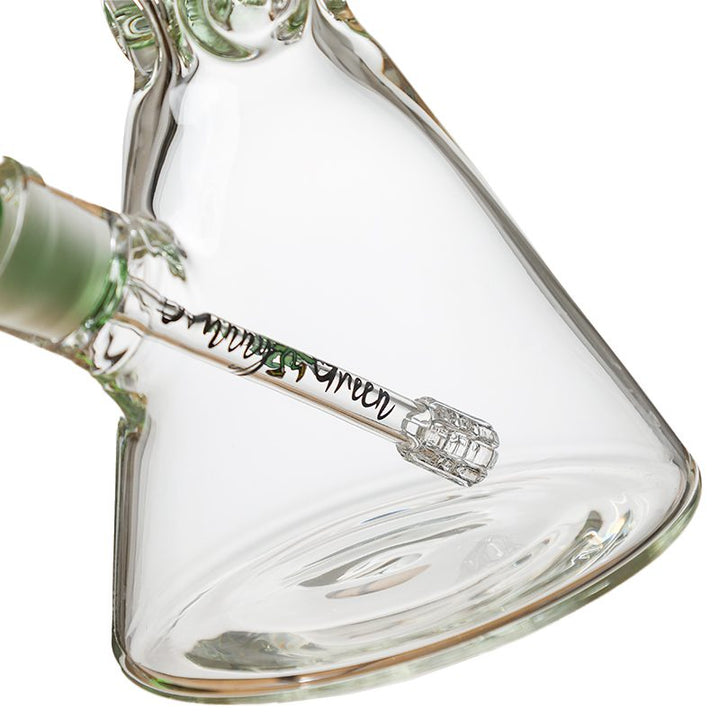Close-up of 9mm thick glass base of 16 inch green beaker bong for stability and filtration