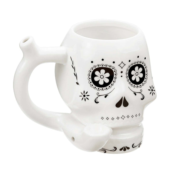 White Sugar Skull Mug with Built-In Pipe