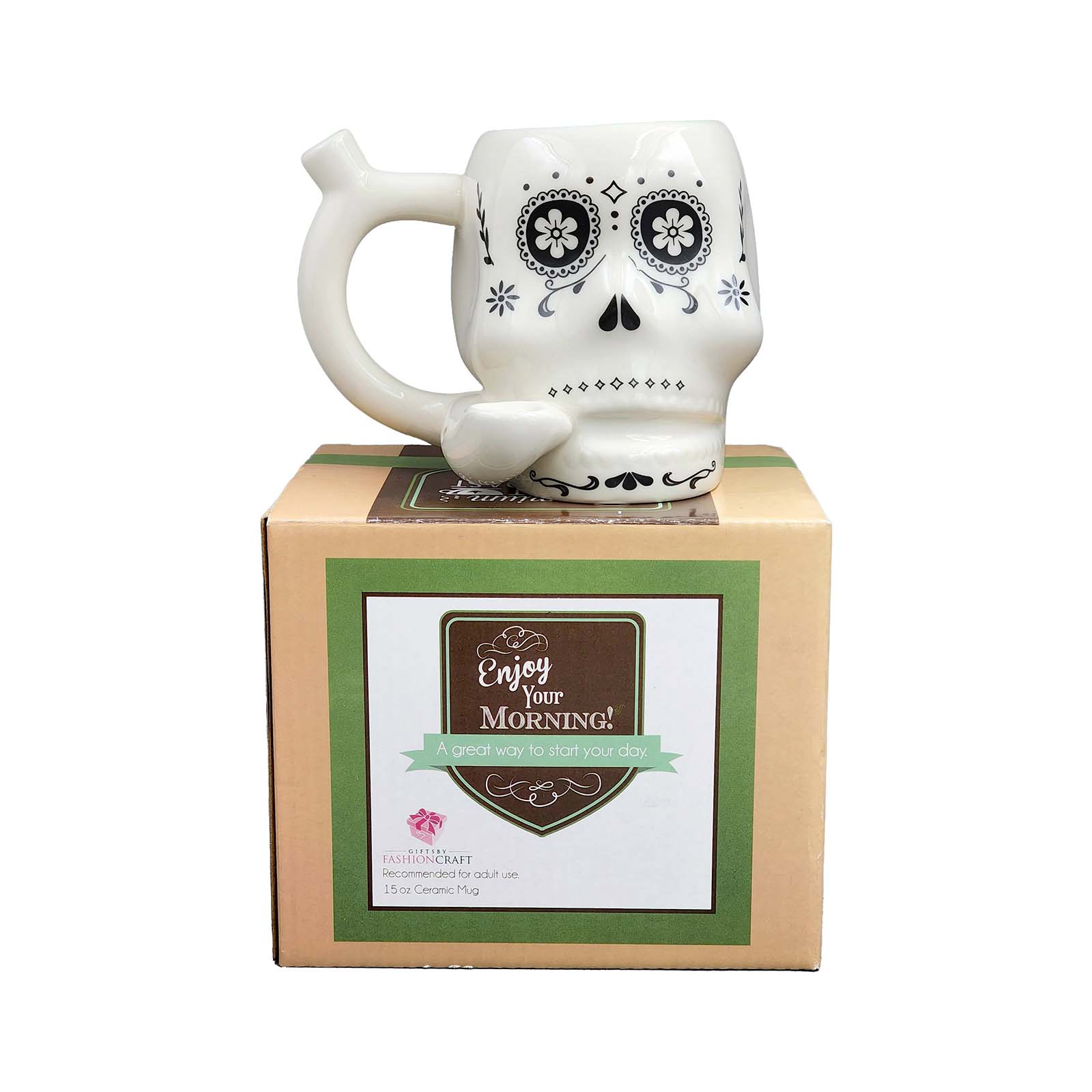 White Sugar Skull Mug with Built-In Pipe