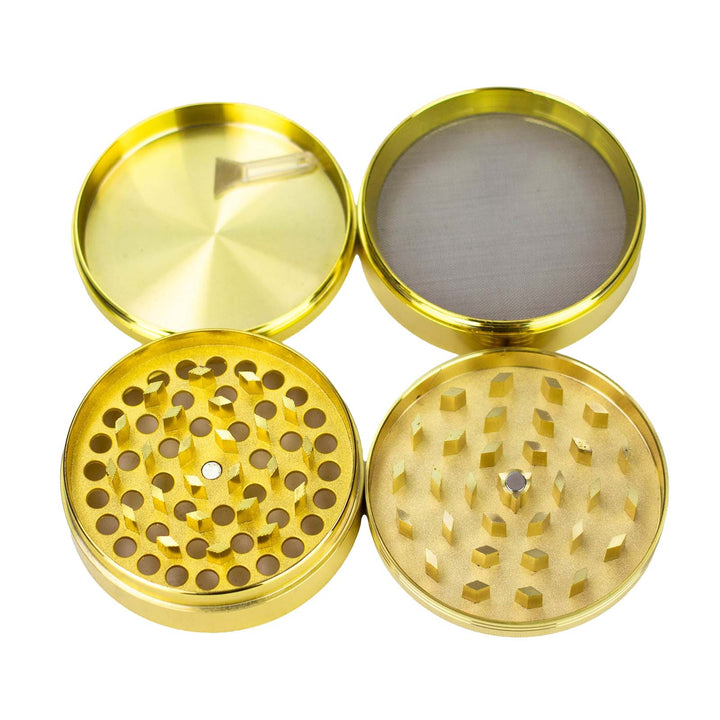 Flat layout of the Acid Secs 4-piece herb grinder with kief catcher and pollen scraper