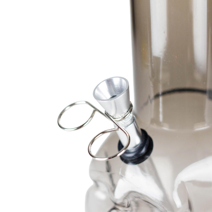 Detail of metal slide and bowl on 12" acrylic skull bong