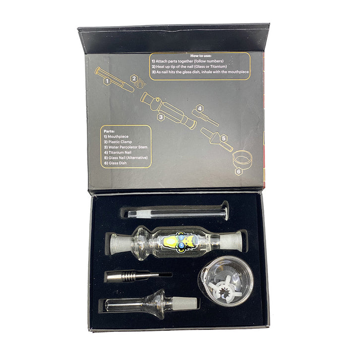 Closeup of Alien Ape Glass Nectar Collector Kit packaging showing storage compartments