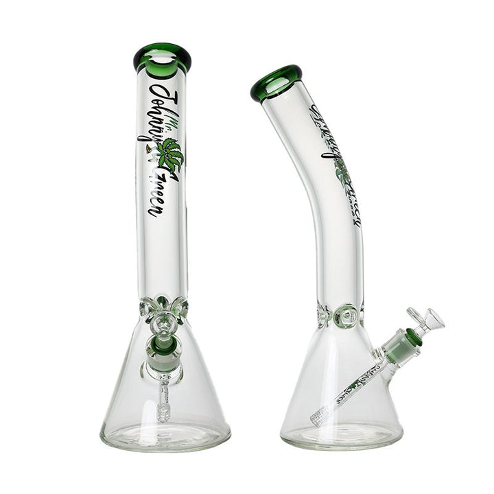 Full view of 16 inch 9mm thick glass beaker bong with bent neck and green finish