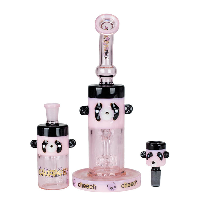 Cheech Panda Bong disassembled showing all components: bowl, ash catcher