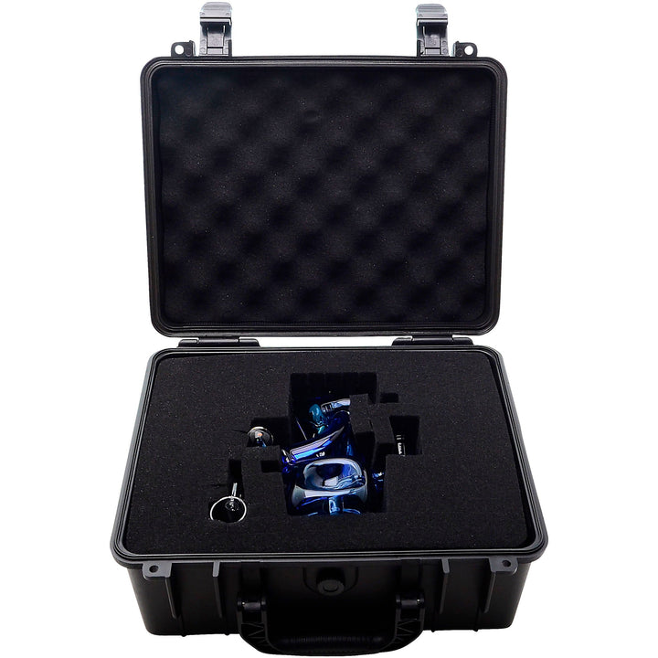 Black protective case with foam interior containing blue cloaked voyager dab rig on a white background