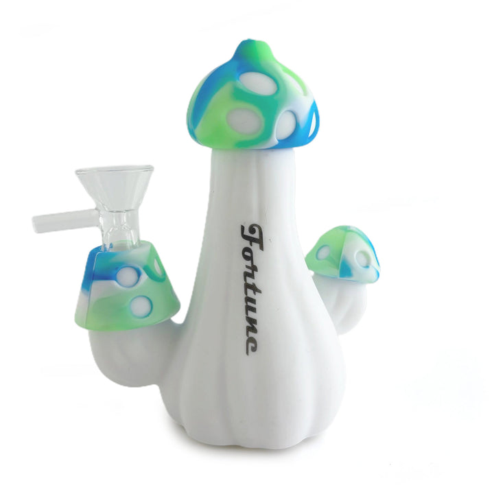 Cute Mushroom Silicone Water Pipe with blue and green swirled mushroom cap and white polka dots