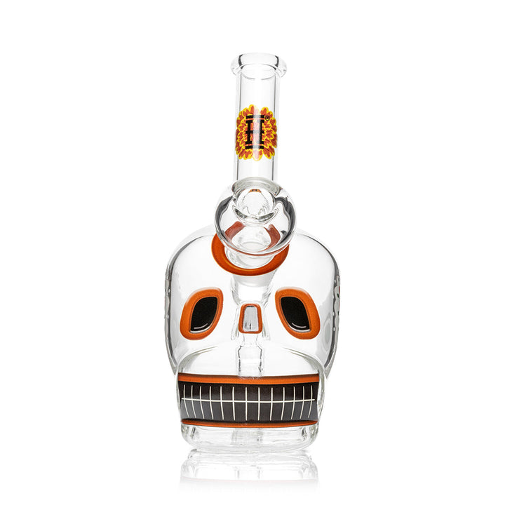 Close-up of the front of Dia De Los Muertos Glass Skull Bong