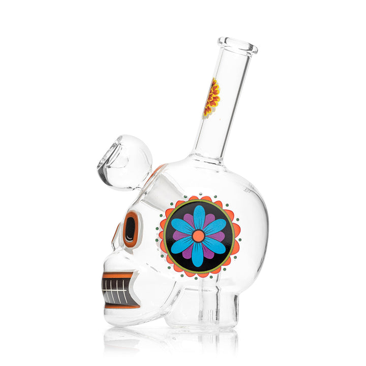 Left side view of Dia De Los Muertos Glass Skull Bong