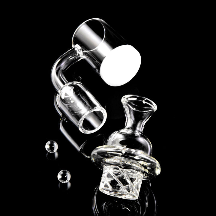 Domeless Quartz Spinner Banger Set with 14mm male joint, includes two quartz pearls and spinner cap