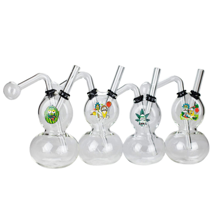 Various RM sticker designs on Double Bubble Oil Burner Glass Pipe