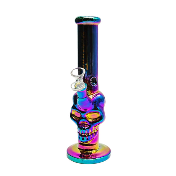 Front view of rainbow Electroplated Skull Glass Bong