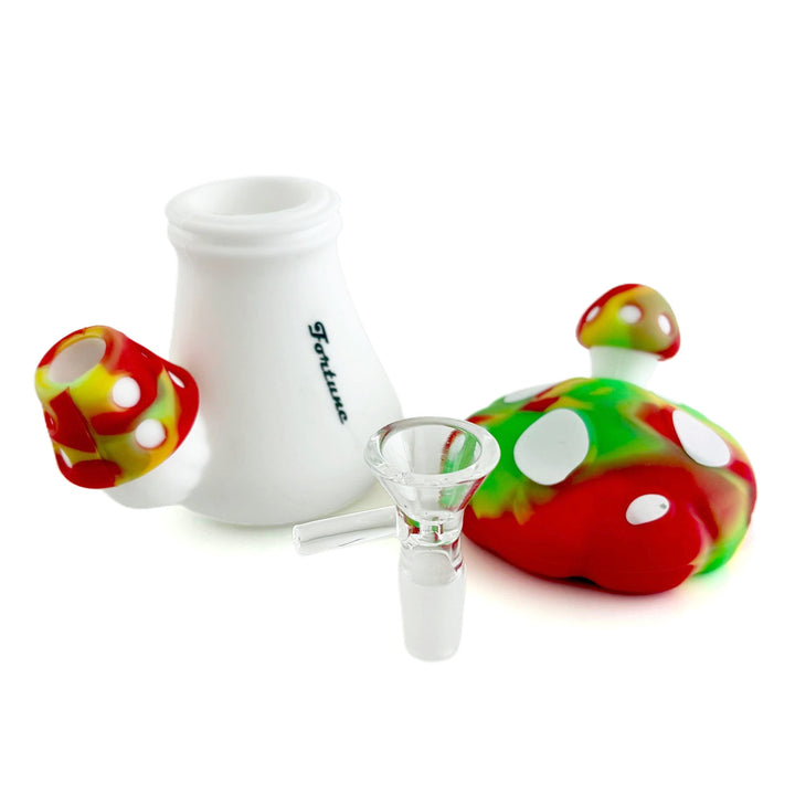 Fortune Silicone Mushroom Bong disassembled showing cap, bowl