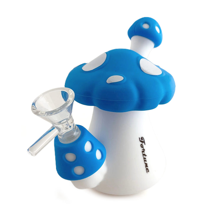Fortune Silicone Mushroom Bong with blue mushroom cap and white polka dots