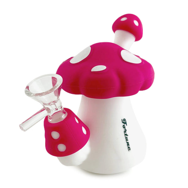 Fortune Silicone Mushroom Bong with magenta mushroom cap and white polka dots