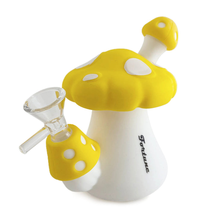 Fortune Silicone Mushroom Bong with yellow mushroom cap and white polka dots