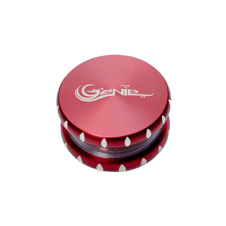 Close-up of Genie logo on red aluminum grinder lid