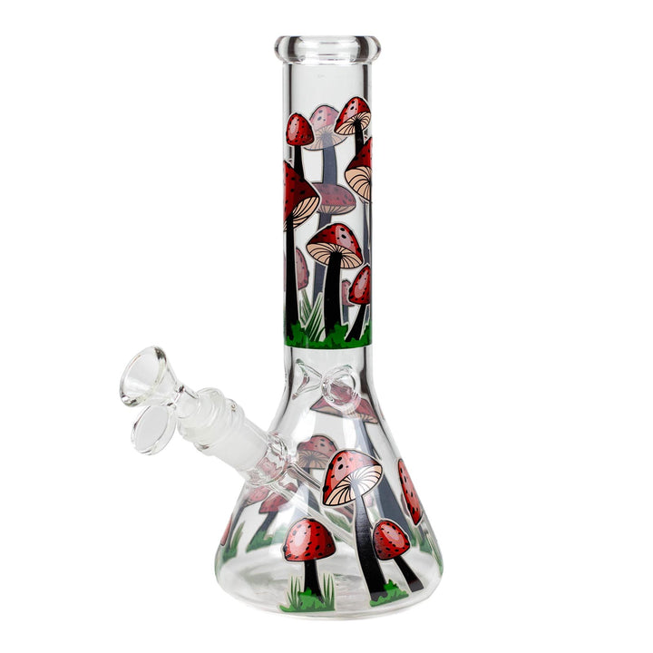 Glow in the Dark Mushroom Weed Bong 10 inch, Design 1 with vibrant hand-painted mushroom forest