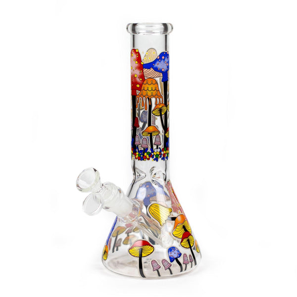 Glow in the Dark Mushroom Weed Bong 10 inch, Design 2 featuring colorful glowing mushrooms