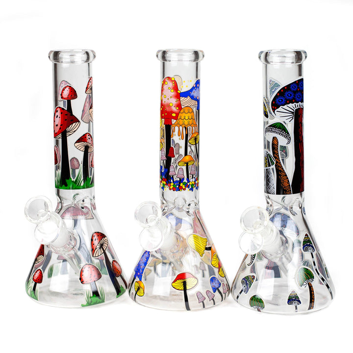 Collection of all three Glow in the Dark Mushroom Weed Bong 10 inch designs showcasing colorful mushroom artwork