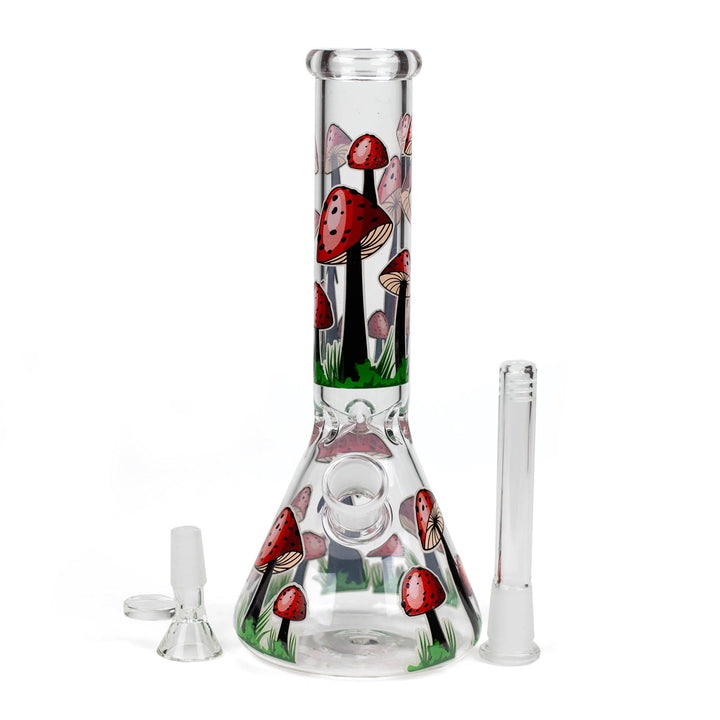 Three-piece construction of Glow in the Dark Mushroom Weed Bong 10 inch showing detachable parts