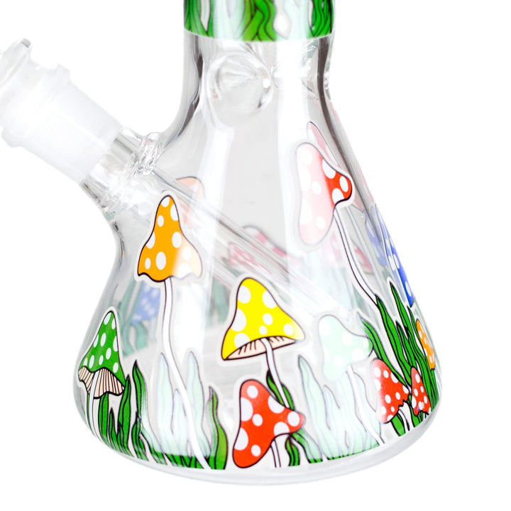 Beaker base of Glow in the Dark Mushroom Bong with spotted mushroom pattern