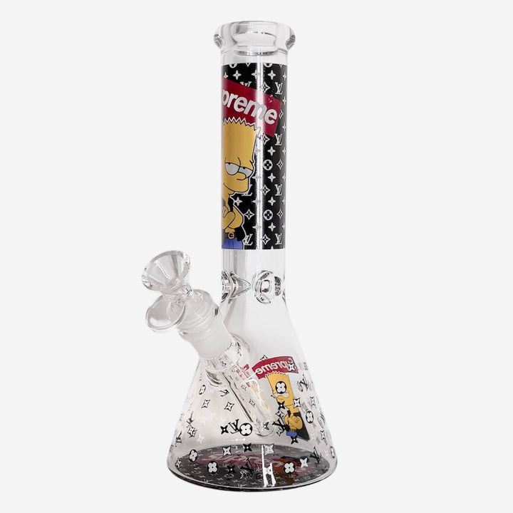 Beaker Style Cartoon Glass Bong – Design D glowing in low light
