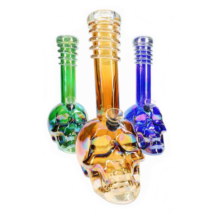 Close-up of rainbow metallic finish on Glow in the Dark Skull Bong