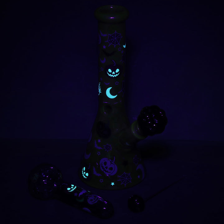 Halloween Glow Duo Party Bong glowing in the dark, showcasing vibrant neon accents and spooky Halloween vibes