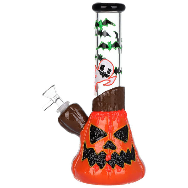 Front view of Halloween Glow-in-Dark Jack-O'-Lantern Bong with Bats & Ghouls design and 3D glowing base
