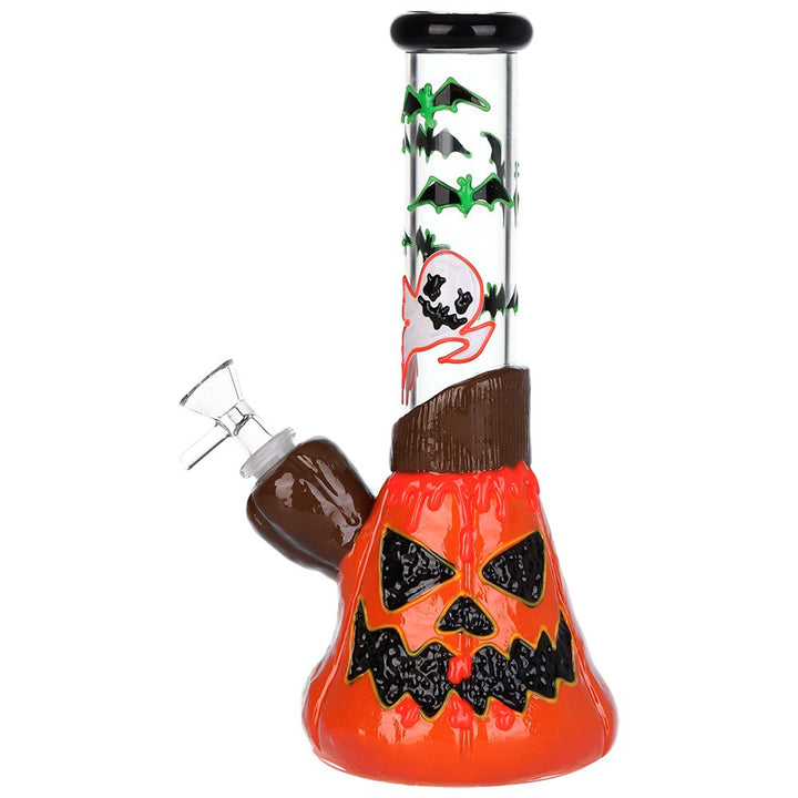 Front view of Halloween Glow-in-Dark Jack-O'-Lantern Bong with Bats & Ghouls design and 3D glowing base
