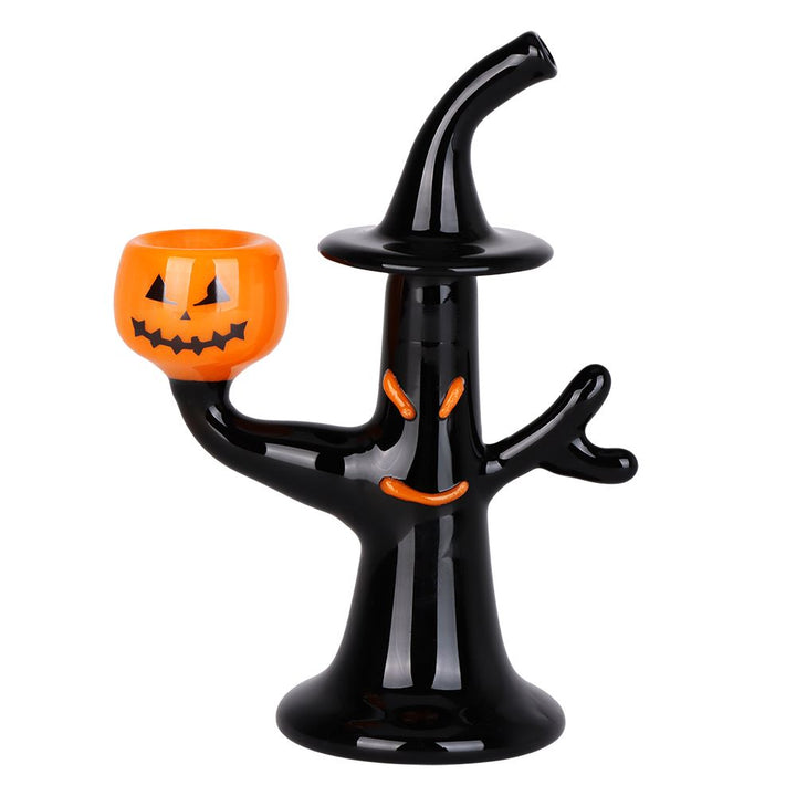 Front view of Halloween Jack-O'-Lantern Witch Hand Pipe with glowing eyes and carved orange bowl