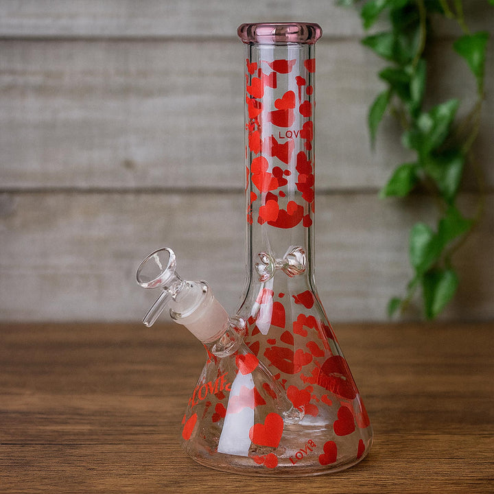 Heart Pattern Glass Beaker Bong with Ice Catch and 14mm Herb Slide