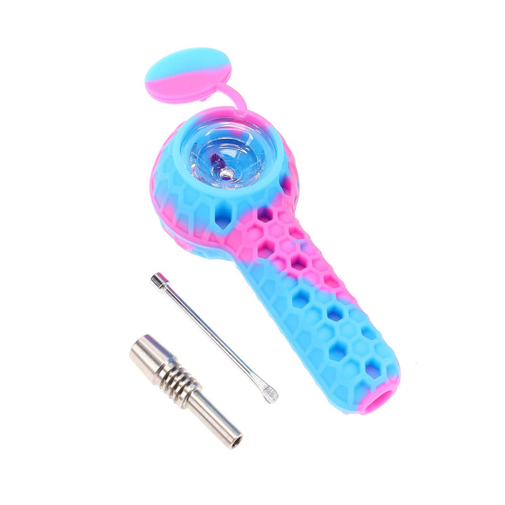 2-in-1 Silicone Dab Straw & Hand Pipe Pink with Glass Bowl and Nectar Tip