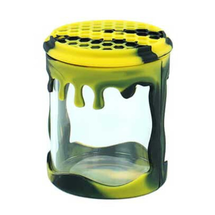 Honeycomb Dab Container in black yellow with textured honeycomb silicone skin