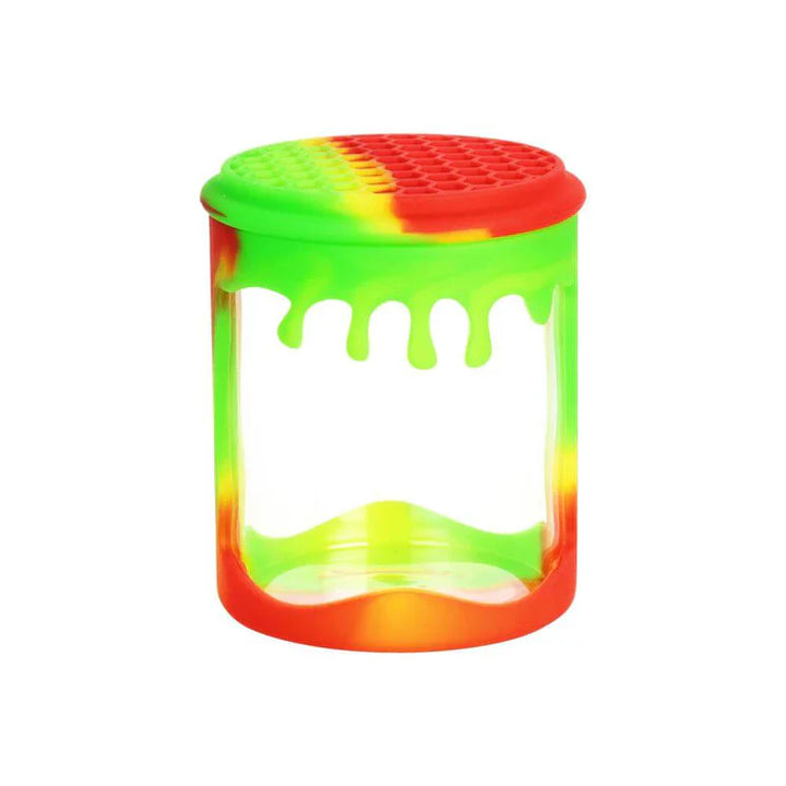 Honeycomb Dab Container in rasta color featuring honeycomb silicone sleeve