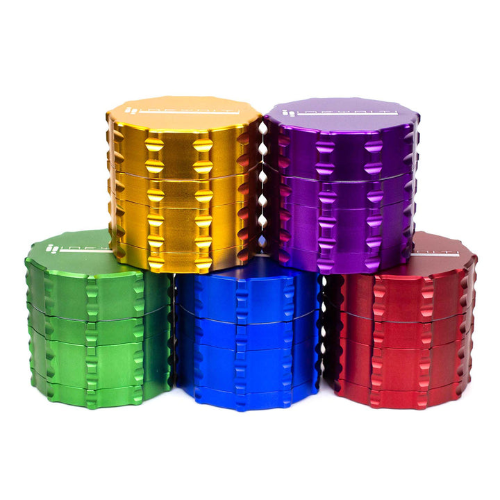 Infyniti 4-Part Zinc Drum Grinder available in Black, Blue, Gold, Purple, Red, and Green