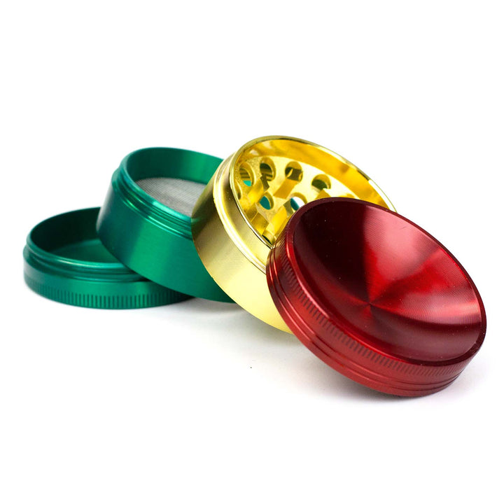 Infyniti 50mm Zinc Herb Grinder disassembled showing 4-piece construction and 3 chambers