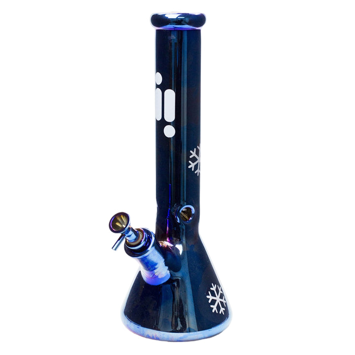 Blue Infyniti Beaker Bong 14-inch with metallic snowflake finish
